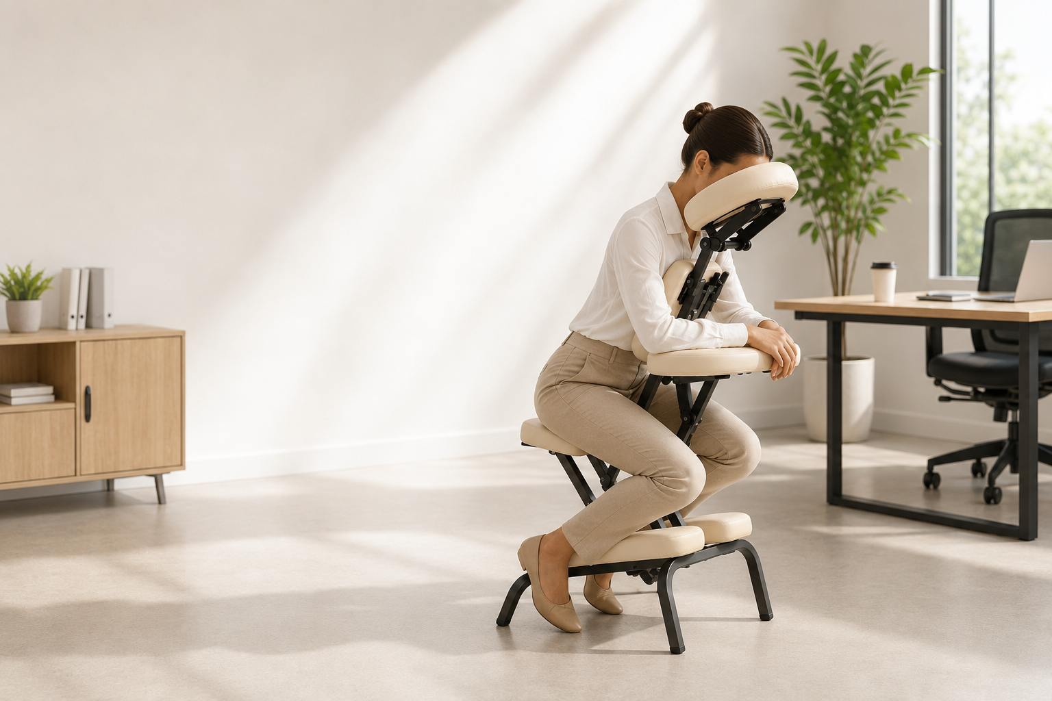 Masajes corporativos en la oficina con silla ergonómica